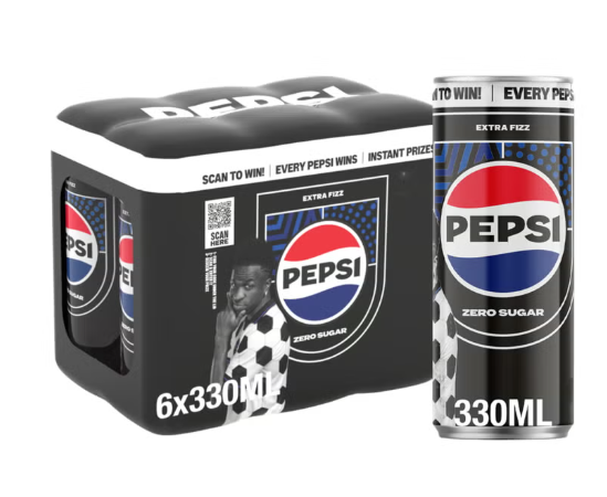 PEPSI Carbonated Soft Drink Zero Calories And No Sugar Cans 330ml Pack of 6