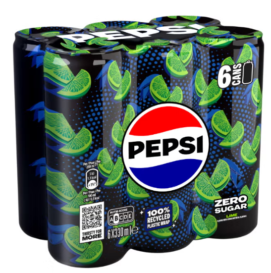 PEPSI Zero Lime Flavor No Sugar Carbonated Soft Drink Can Lime Yellow 330.0ml Pack of 6