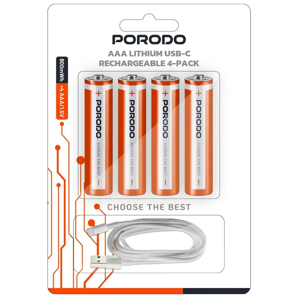 Porodo Aaa (4 Pcs) Rechargeable Lithium Battery 800Mwh With 4In1 Type C Charging Cable